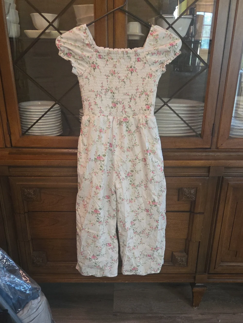 Gymboree White Smocked Floral Top with Pink & Green Print